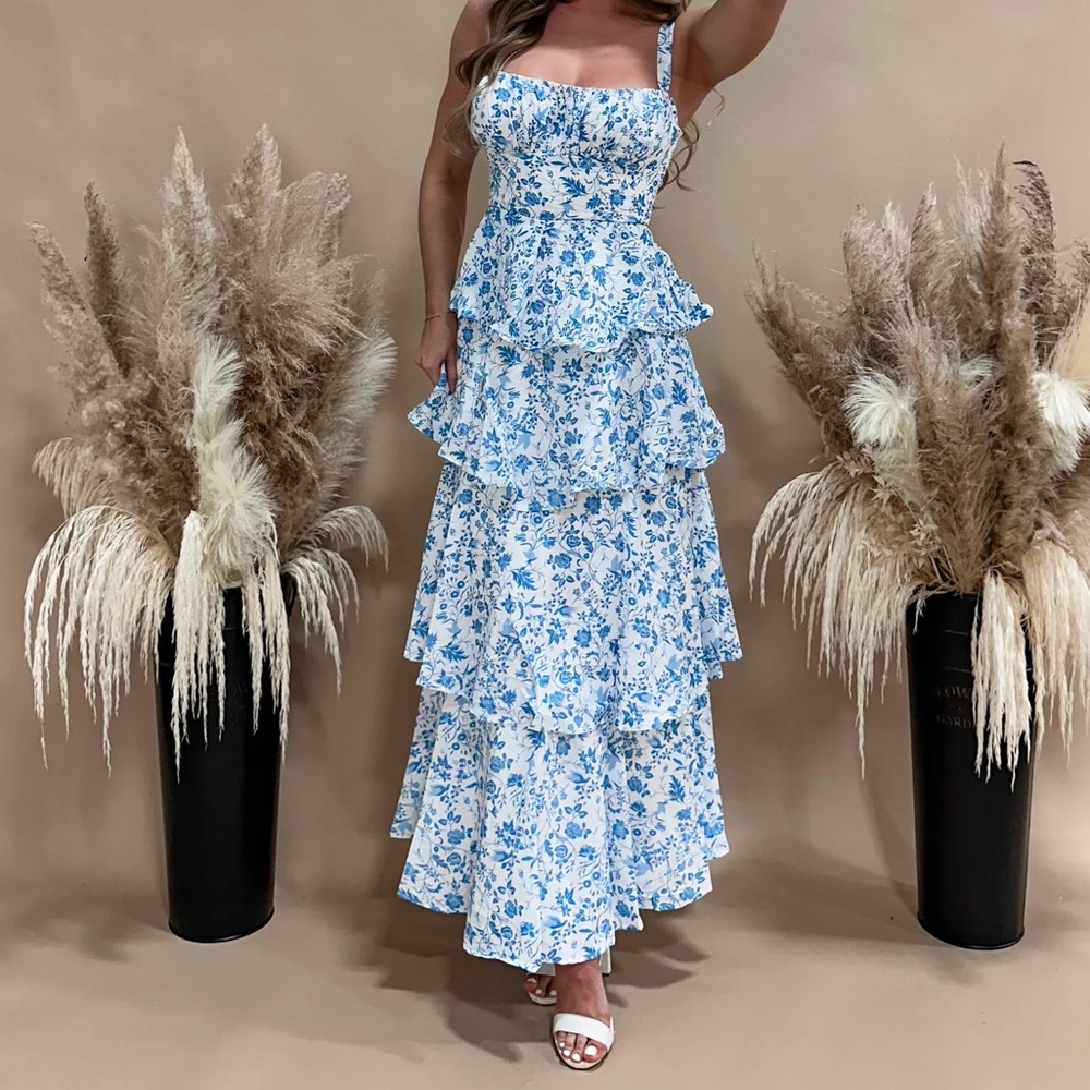 Blue and White Square Neck Sleeveless Maxi Sundress
